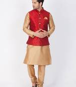 Men Gold Cotton Silk Kurta Modi Jacket And Pyjama Set