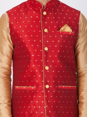 Men Gold Cotton Silk Kurta Modi Jacket And Pyjama Set 2