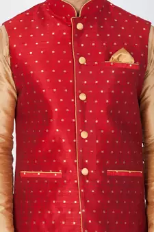 Men Gold Cotton Silk Kurta Modi Jacket And Pyjama Set
