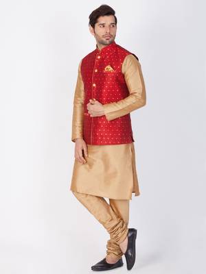 Men Gold Cotton Silk Kurta Modi Jacket And Pyjama Set 3