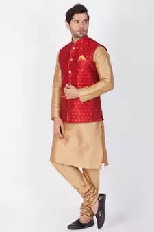 Men Gold Cotton Silk Kurta Modi Jacket And Pyjama Set