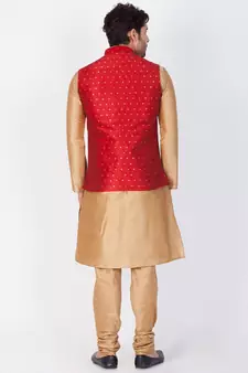 Men Gold Cotton Silk Kurta Modi Jacket And Pyjama Set