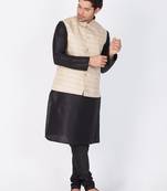 Men Black Cotton Silk Kurta Modi Jacket And Pyjama Set