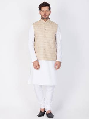 Men White Cotton Kurta Modi Jacket And Pyjama Set 1