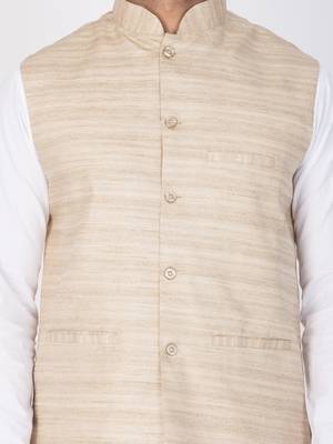 Men White Cotton Kurta Modi Jacket And Pyjama Set 2