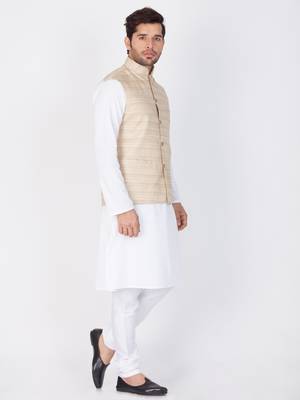 Men White Cotton Kurta Modi Jacket And Pyjama Set 3
