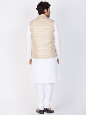 Men White Cotton Kurta Modi Jacket And Pyjama Set 4