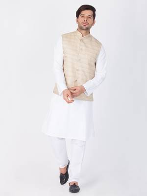 Men White Cotton Kurta Modi Jacket And Pyjama Set 1