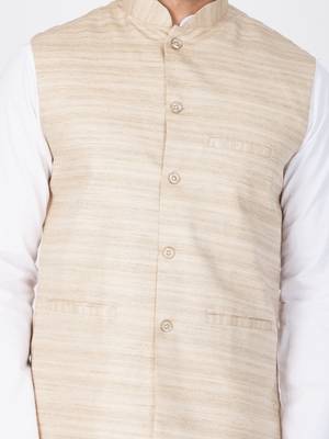 Men White Cotton Kurta Modi Jacket And Pyjama Set 2
