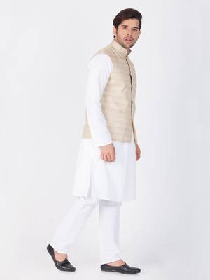 Men White Cotton Kurta Modi Jacket And Pyjama Set 3