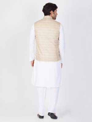 Men White Cotton Kurta Modi Jacket And Pyjama Set 4