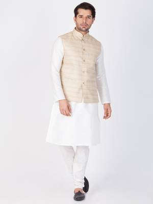 Men White Cotton Silk Kurta Modi Jacket And Pyjama Set 1