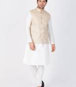 Men White Cotton Silk Kurta Modi Jacket And Pyjama Set
