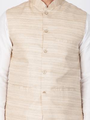 Men White Cotton Silk Kurta Modi Jacket And Pyjama Set 2