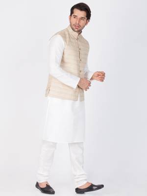 Men White Cotton Silk Kurta Modi Jacket And Pyjama Set 3