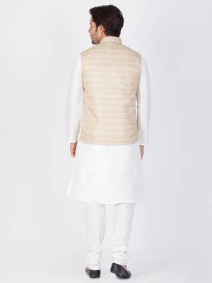 Men White Cotton Silk Kurta Modi Jacket And Pyjama Set 4