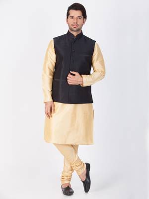 Men Gold Cotton Silk Kurta Modi Jacket And Pyjama Set 1