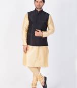 Men Gold Cotton Silk Kurta Modi Jacket And Pyjama Set