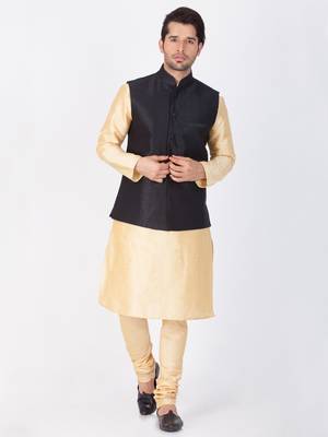 Men Gold Cotton Silk Kurta Modi Jacket And Pyjama Set 2
