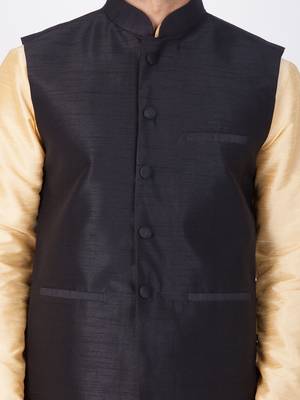 Men Gold Cotton Silk Kurta Modi Jacket And Pyjama Set 3