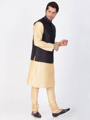 Men Gold Cotton Silk Kurta Modi Jacket And Pyjama Set 4