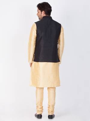 Men Gold Cotton Silk Kurta Modi Jacket And Pyjama Set 5