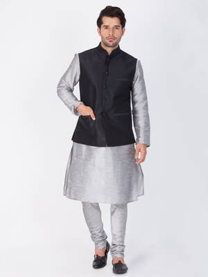 Men Grey Cotton Silk Kurta Modi Jacket And Pyjama Set 1
