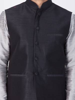Men Grey Cotton Silk Kurta Modi Jacket And Pyjama Set 2