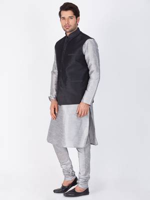 Men Grey Cotton Silk Kurta Modi Jacket And Pyjama Set 3