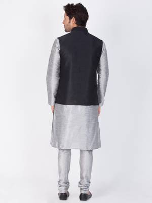 Men Grey Cotton Silk Kurta Modi Jacket And Pyjama Set 4