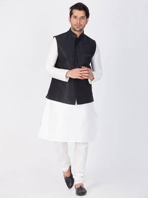 Men White Cotton Silk Kurta Modi Jacket And Pyjama Set 1