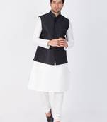 Men White Cotton Silk Kurta Modi Jacket And Pyjama Set