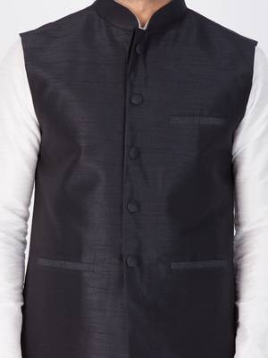 Men White Cotton Silk Kurta Modi Jacket And Pyjama Set 2