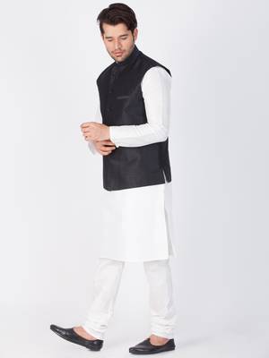 Men White Cotton Silk Kurta Modi Jacket And Pyjama Set 3