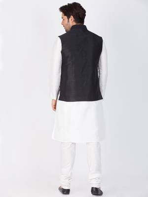 Men White Cotton Silk Kurta Modi Jacket And Pyjama Set 4