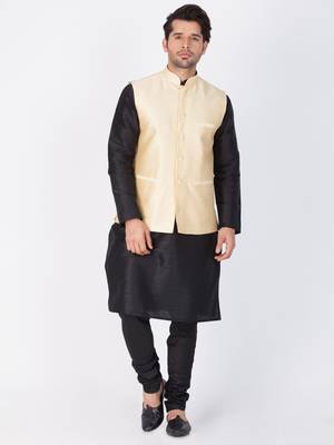 Men Black Cotton Silk Kurta Modi Jacket And Pyjama Set 1
