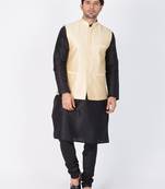 Men Black Cotton Silk Kurta Modi Jacket And Pyjama Set