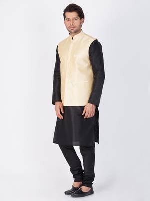 Men Black Cotton Silk Kurta Modi Jacket And Pyjama Set 3