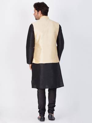 Men Black Cotton Silk Kurta Modi Jacket And Pyjama Set 4