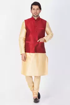 Men Gold Cotton Silk Kurta Modi Jacket And Pyjama Set