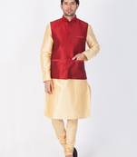 Men Gold Cotton Silk Kurta Modi Jacket And Pyjama Set