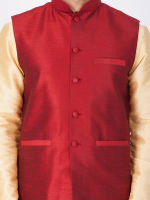 Men Gold Cotton Silk Kurta Modi Jacket And Pyjama Set 2