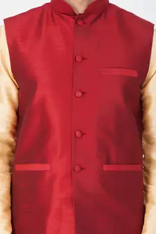 Men Gold Cotton Silk Kurta Modi Jacket And Pyjama Set