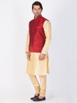 Men Gold Cotton Silk Kurta Modi Jacket And Pyjama Set 3