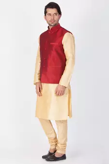 Men Gold Cotton Silk Kurta Modi Jacket And Pyjama Set