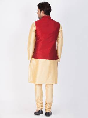 Men Gold Cotton Silk Kurta Modi Jacket And Pyjama Set 4