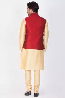 Men Gold Cotton Silk Kurta Modi Jacket And Pyjama Set