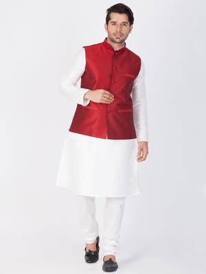 Men White Cotton Silk Kurta Modi Jacket And Pyjama Set 1