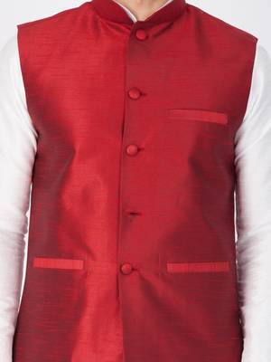 Men White Cotton Silk Kurta Modi Jacket And Pyjama Set 2