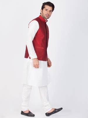 Men White Cotton Silk Kurta Modi Jacket And Pyjama Set 3